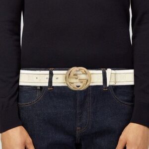 White Leather Belt with Gold Interlocking Logo Buckle